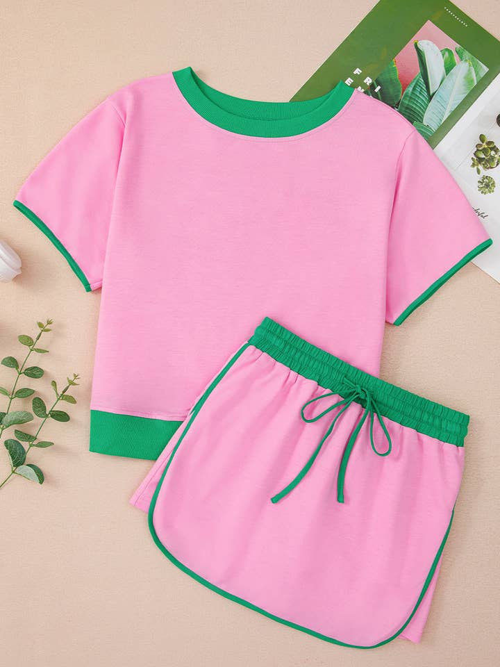 Lovesoft – wholesale Set med topp och kjol - Dam – Bonbon färgblock kant dropp axel T-shirt och skort 2-delars set2