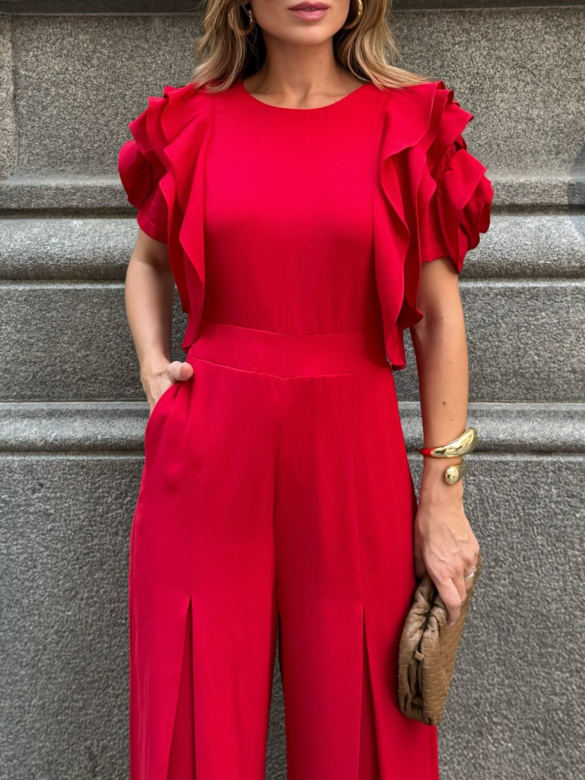 RED round neck ruffle short sleeve jumpsuit for wholesale on Faire3