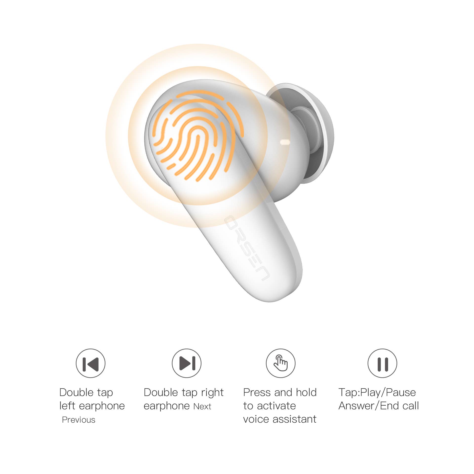White TWS Bluetooth Earphone ORSEN T3 with wireless charging case, for wholesale on Faire6