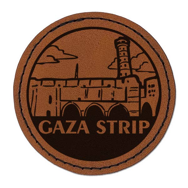 Gaza Strip Great Omari Mosque Country Destination Round Iron-On Engraved Faux Leather Patch Applique - 2.5 Inch - Brown for wholesale by Sniggle Sloth