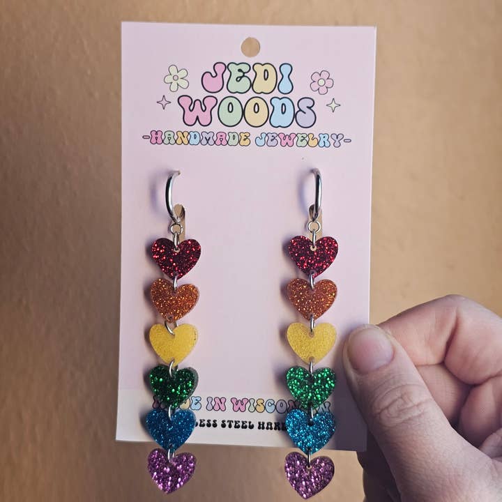 Rainbow Glitter Heart Chain Earrings - Gauge Friendly for wholesale by Jedi Woods LLC