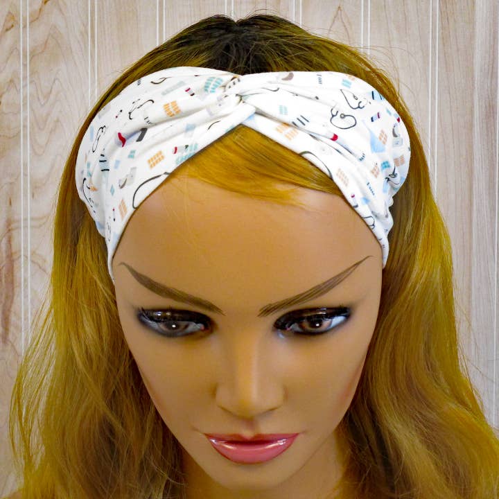 Treasured Haven - Wholesale Fashion Headband - Women's - Stethoscopes Healthcare Medical Scrubs Print Twist Headband