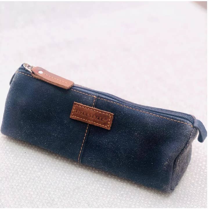 Cracle Leather Pencil Case/Toiletry Bag #TW10-Denim Blue for wholesale by Hydestyle London