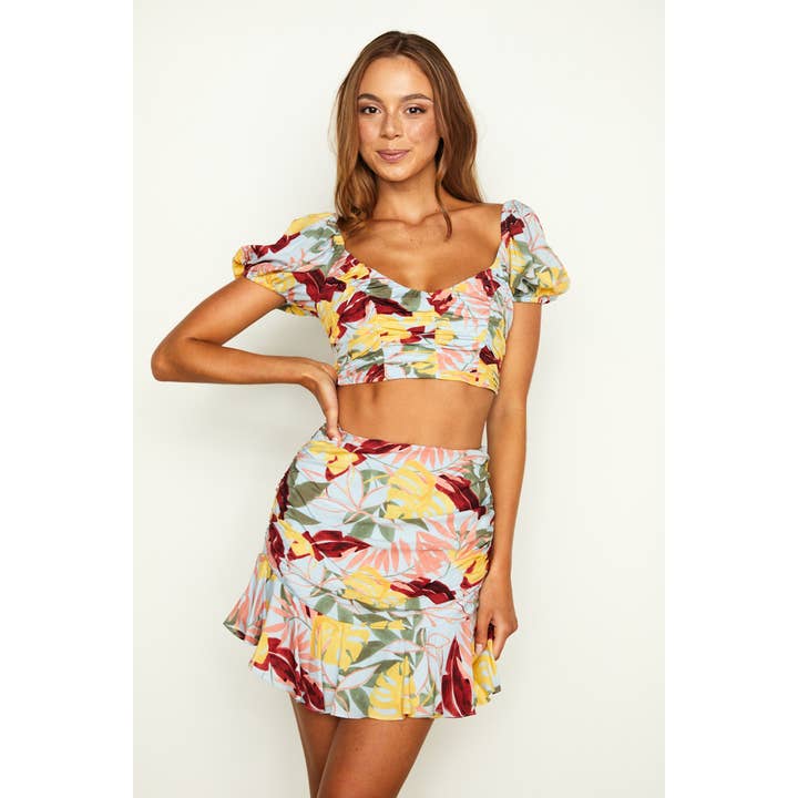 BLOMSTRET MINI NEDERDELSÆT MED PUFFÆRMER / ST3154D-SET for engroshandel hos One and Only Collective