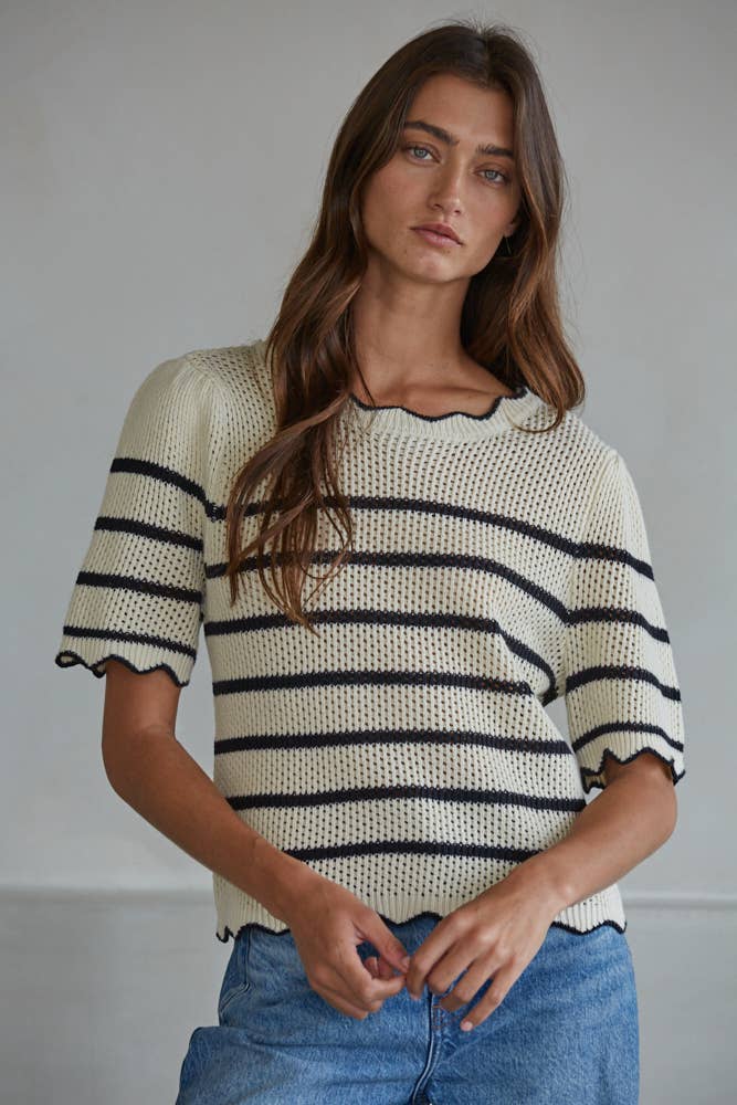 Cream Black W2373T | Knit Sweater Cotton Acrylic Crochet Striped Top  for wholesale on Faire0