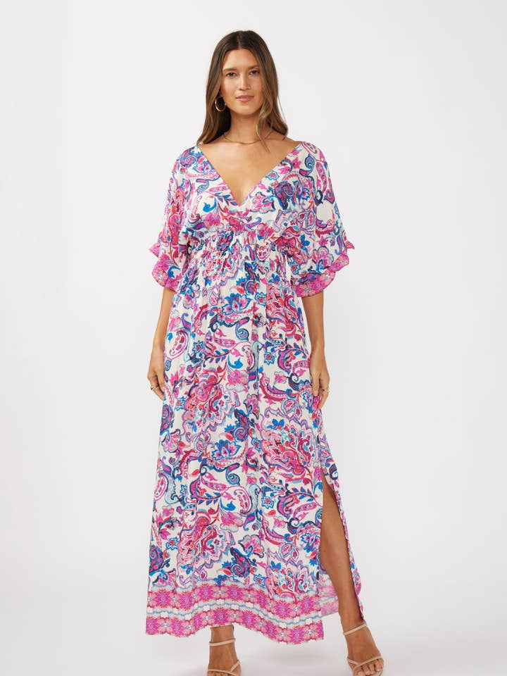 Natural Dusty Pink Floral Kimono Sleeve Smocked Waist Maxi Dress for wholesale on Faire0