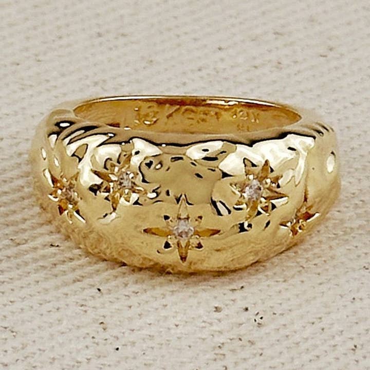 18k Gold Filled Hammered Moon Ring With CZ Stones for wholesale by GoldFi