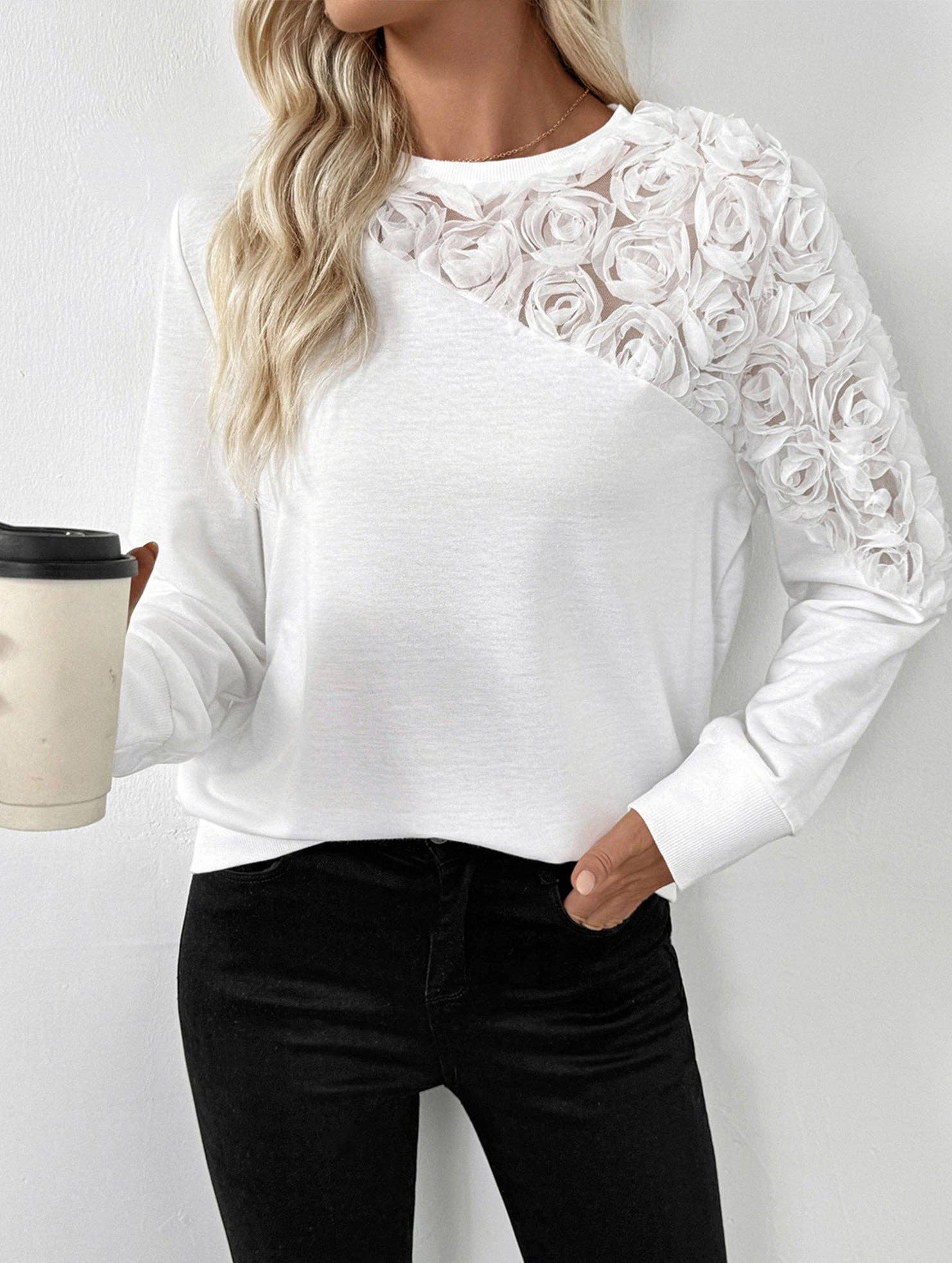 White Rose embellished long-sleeved solid color sweatshirt for wholesale on Faire5