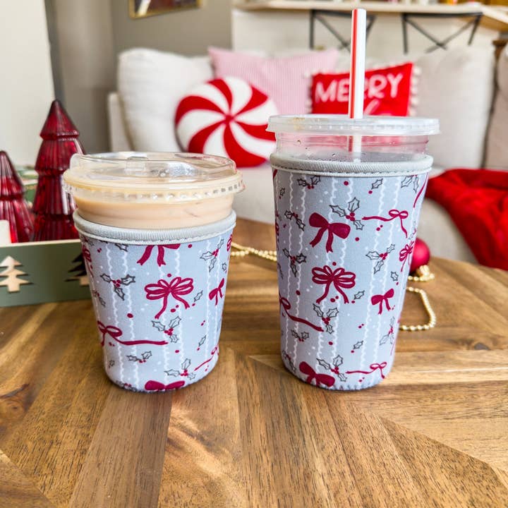 Dear Reader Designs - Wholesale Drink huggers & koozies - Holly & Ribbon Cup Sleeve1