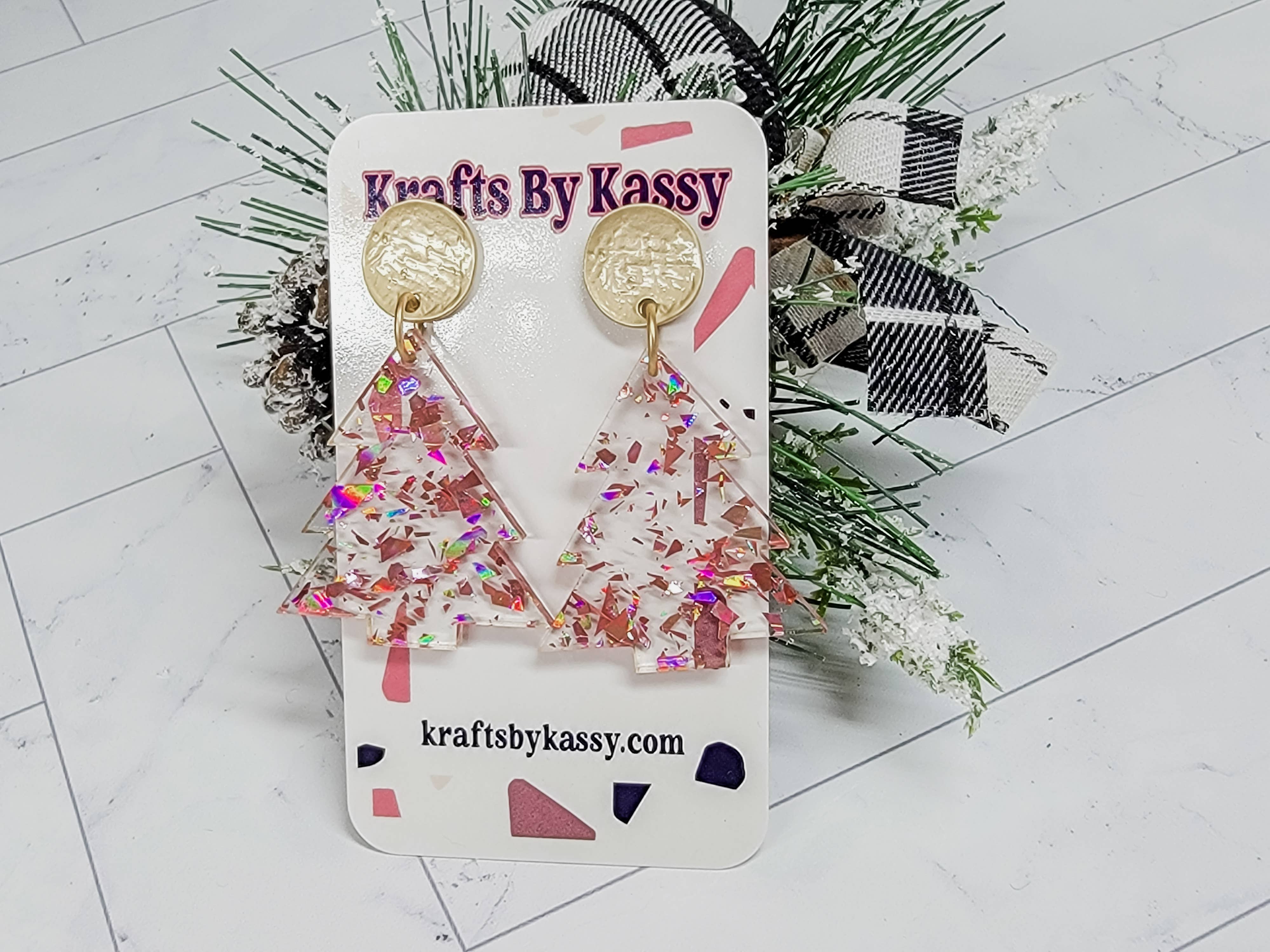 Krafts By Kassy – Engroshandel Hængeøreringe og creoløreringe – Rose guld konfetti juletræ øreringe1