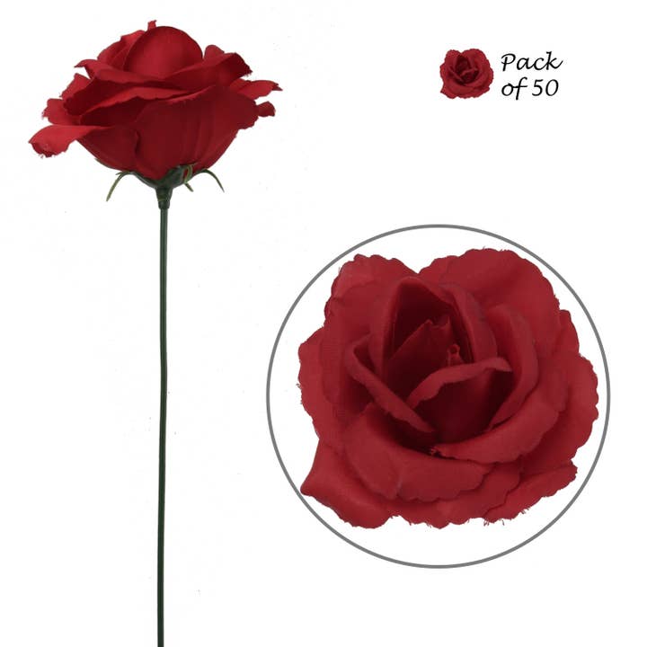 Larksilk - Wholesale Artificial Flowers - Burgundy Rose Picks - 50-Pack Silk Flowers For Arrangements