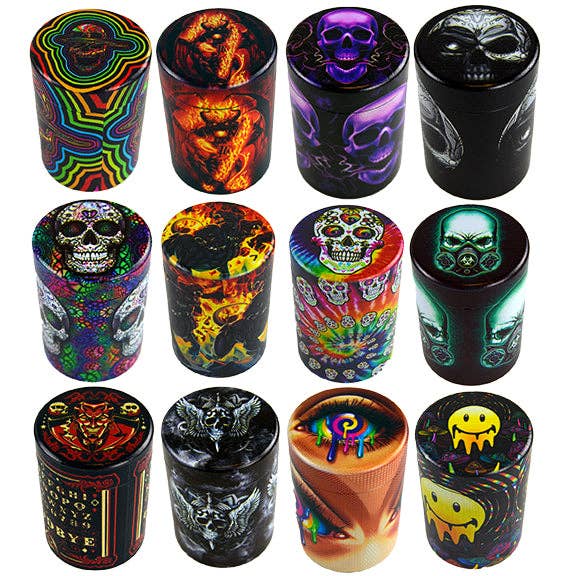 Novelty Closeout - Wholesale Humidor/Cigar Accessory - Smokezilla Full Print Metal Storage Jar Assortment- 12/Pack
