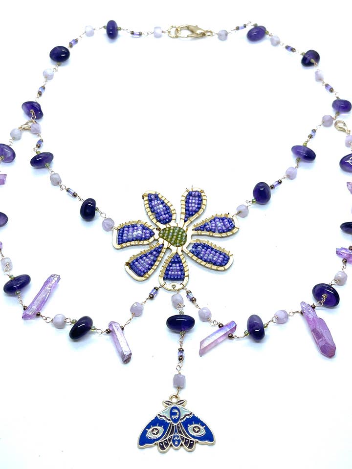 Hand Beaded Flower Convertible Stone Necklace for wholesale by Dara Ettinger