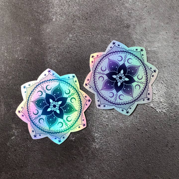 Holographic Mandala vinyl sticker, Celestial Mandala sticker for wholesale by Anita Ivancenko