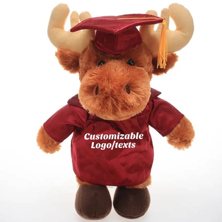11″ Personalized Graduation Moose Plush in Custom Cap & Gown for wholesale by Plushland