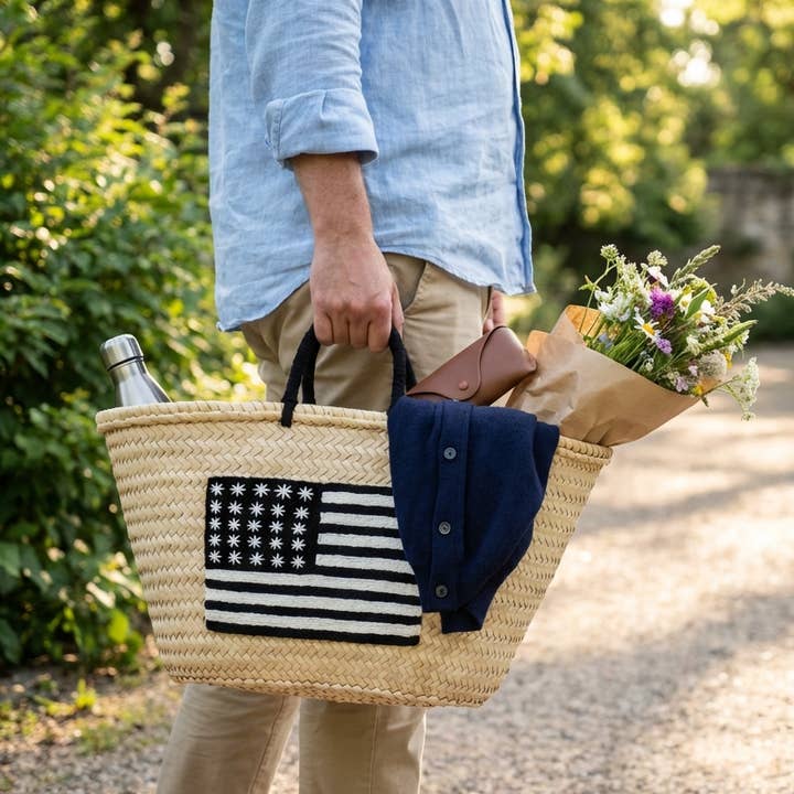 USA Flag Embroidered Moroccan Straw Tote for wholesale by King Of Handmade