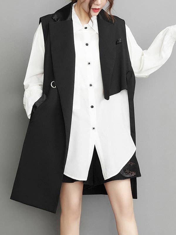 BLACK Sleeveless Asymmetric Pockets Tied Lapel Vest Outerwear for wholesale on Faire1