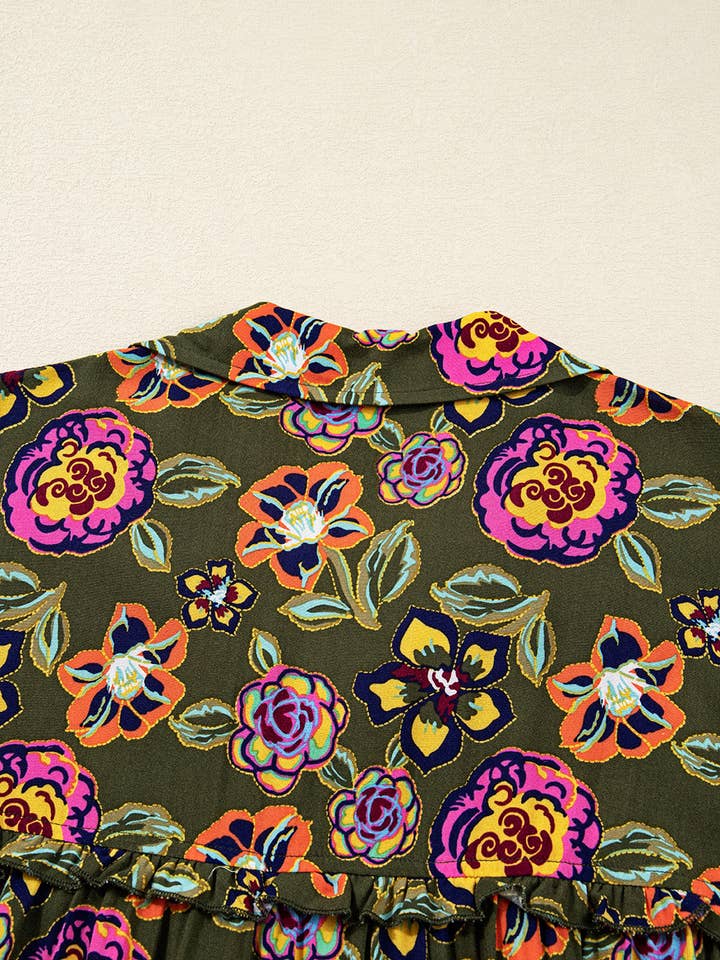 Green Floral Print Split Neck Bubble Sleeve Shift Mini Dress for wholesale on Faire6