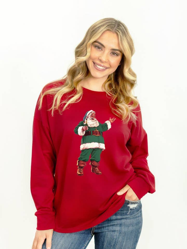 Père Noël avec champagne sur sweat-shirt en molleton français, bordeaux pour la vente par GRACE+EMMA by Southern Grace