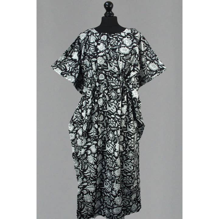 Block Printed Cotton Long Kaftans - Black And White Floral for wholesale by Kantha Decor