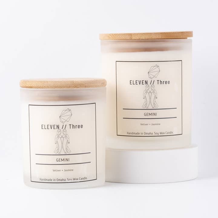 Gemini Vetiver & Jasmine Soy Wax Jar Candle for wholesale by ELEVEN//Three