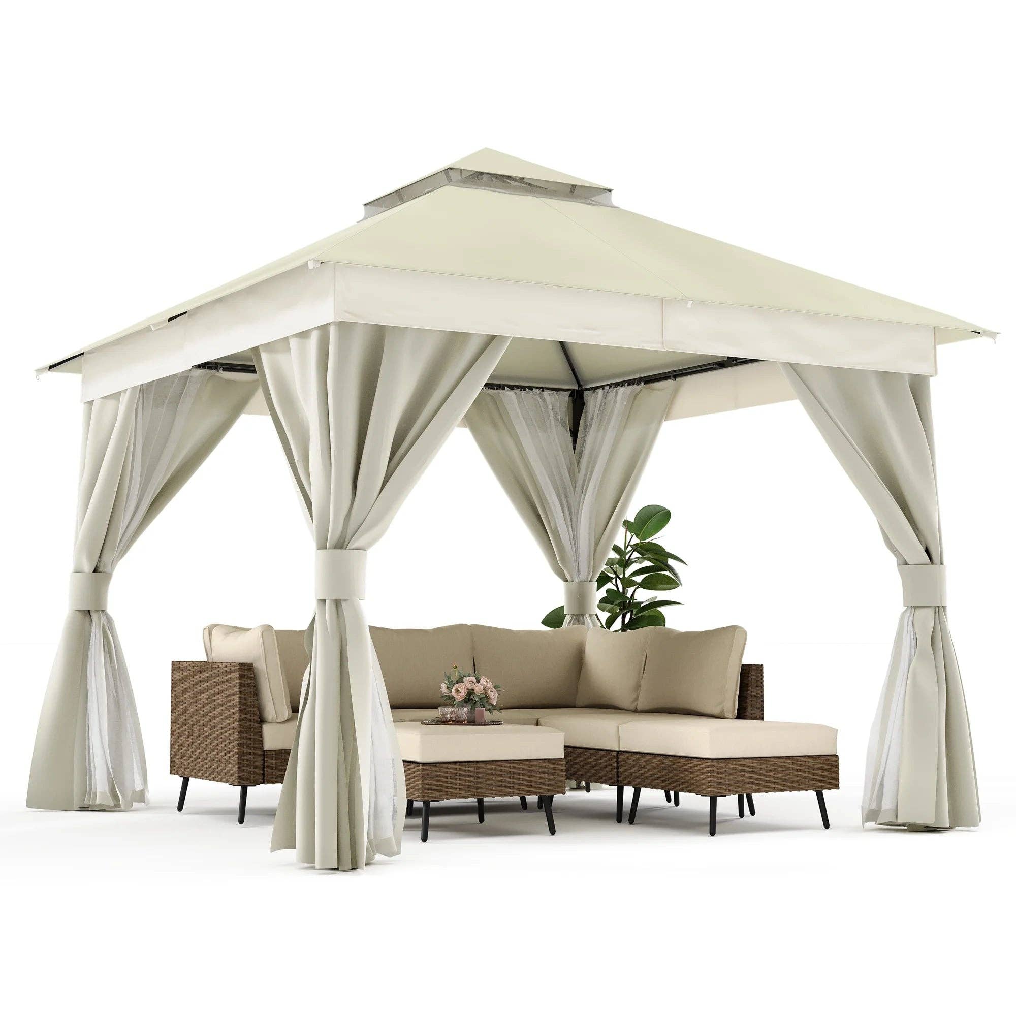 ShipItFurniture - Wholesale Tent - 10'X10' Patio Gazebo, Double Roof Outdoor Shelter Tent with Mosquito Nettings and Privacy Screens, Cream White7