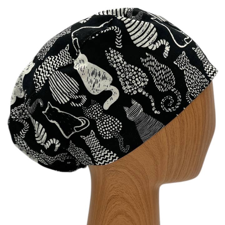 Black and White Cat Scrub Cap Euro Style Scrub Hat for wholesale by SewingLabPlus
