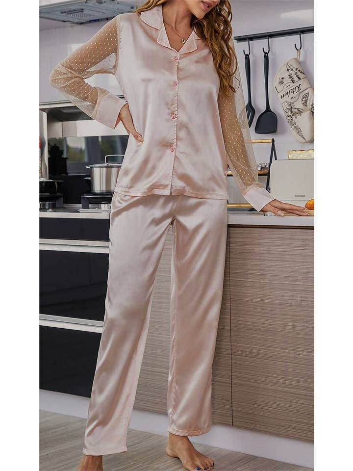 Champagne Artificial silk shirt pants set pajamas loungewear 2pcs for wholesale on Faire2