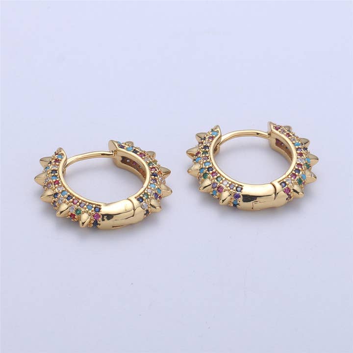 Aim Eternal - Wholesale Hoop Earrings - Spike earrings Micro Pave Spike hoops Gold spike earrings Multi Color CZ Gold hoops Dainty Earring for everyday earring 20mm K-331