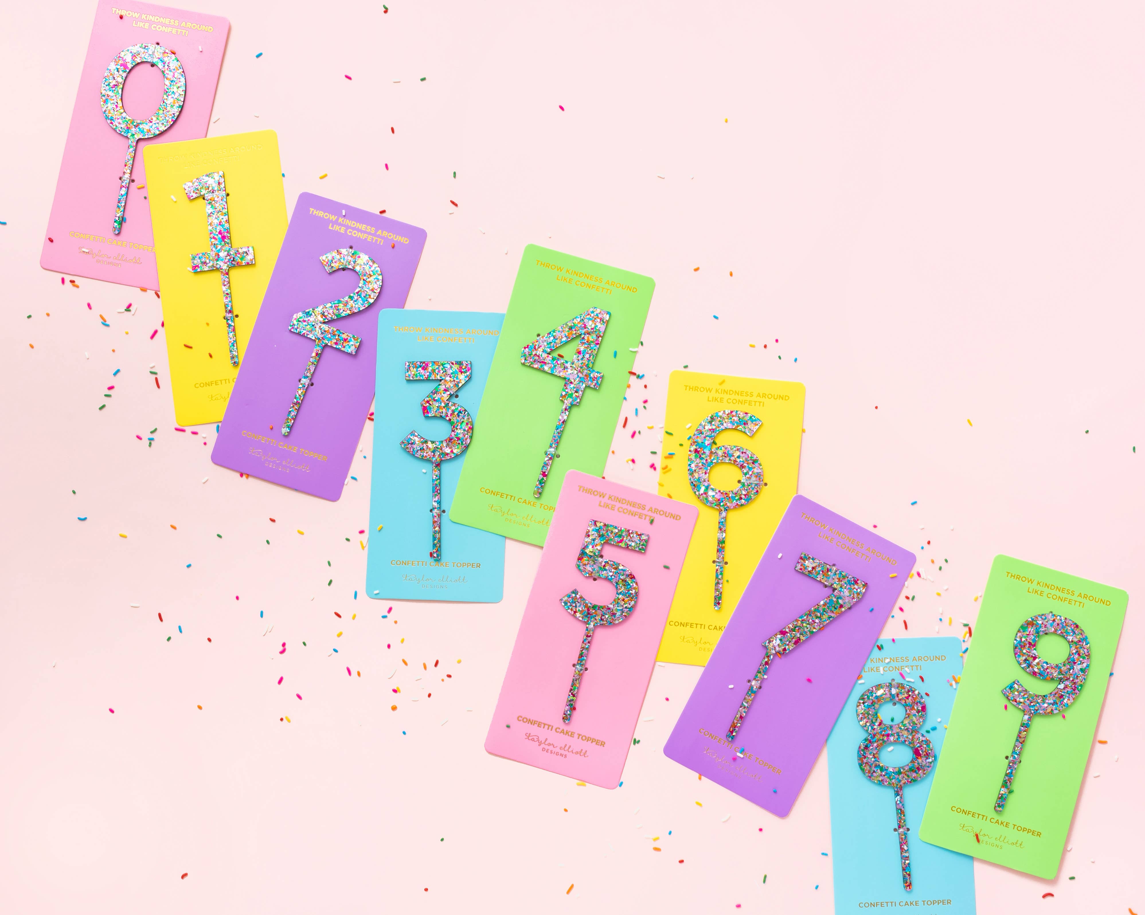 Taylor Elliott Designs - Vendita all'ingrosso Topper per torte/cupcake - *IN VENDITA* Decorazioni per Torte - Num 0 - 9 - Coriandoli Colorati - Ciascuno11