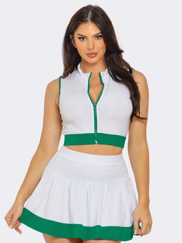 Front Zipper Crop Top And Pleated Mini Skirt Set for wholesale by Julia by LoveJ