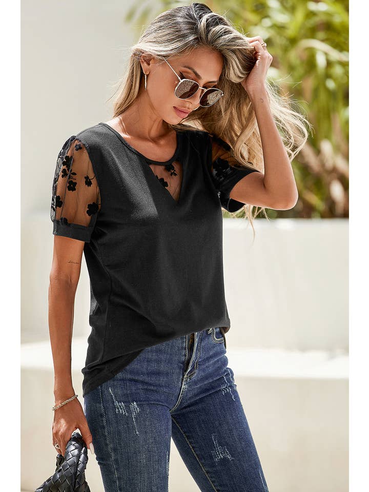 Black LDC Floral Lace Patchwork Crew Neck T Shirt for wholesale on Faire