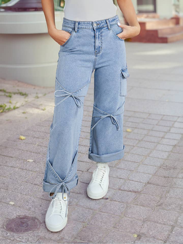 Beau Blue Bowknot Decor Boyfriend Cargo Jeans for wholesale on Faire