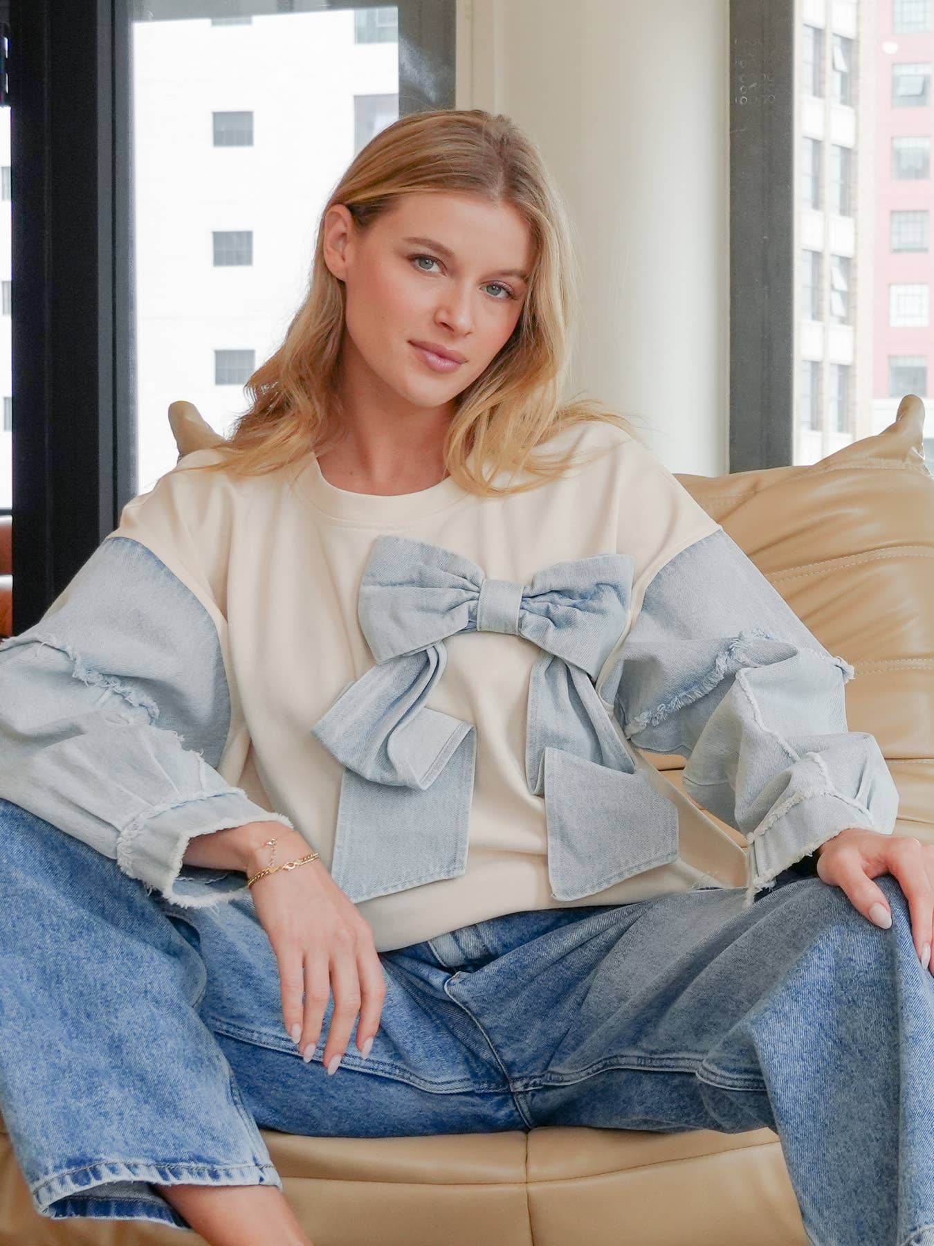 TRENDILITY - Wholesale Sweatshirt - Women's - TR2027-04_Mineral Washed Denim Bow Sweatshirt Top12