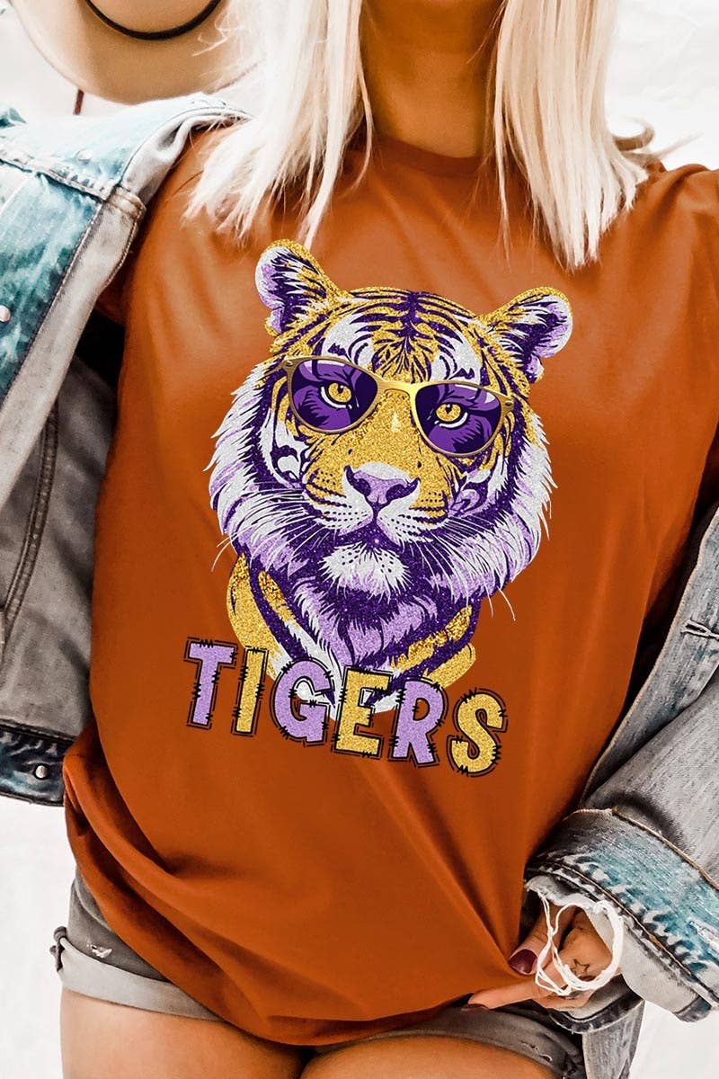 T-shirt graphique violet avec tigre et faux paillettes en vente