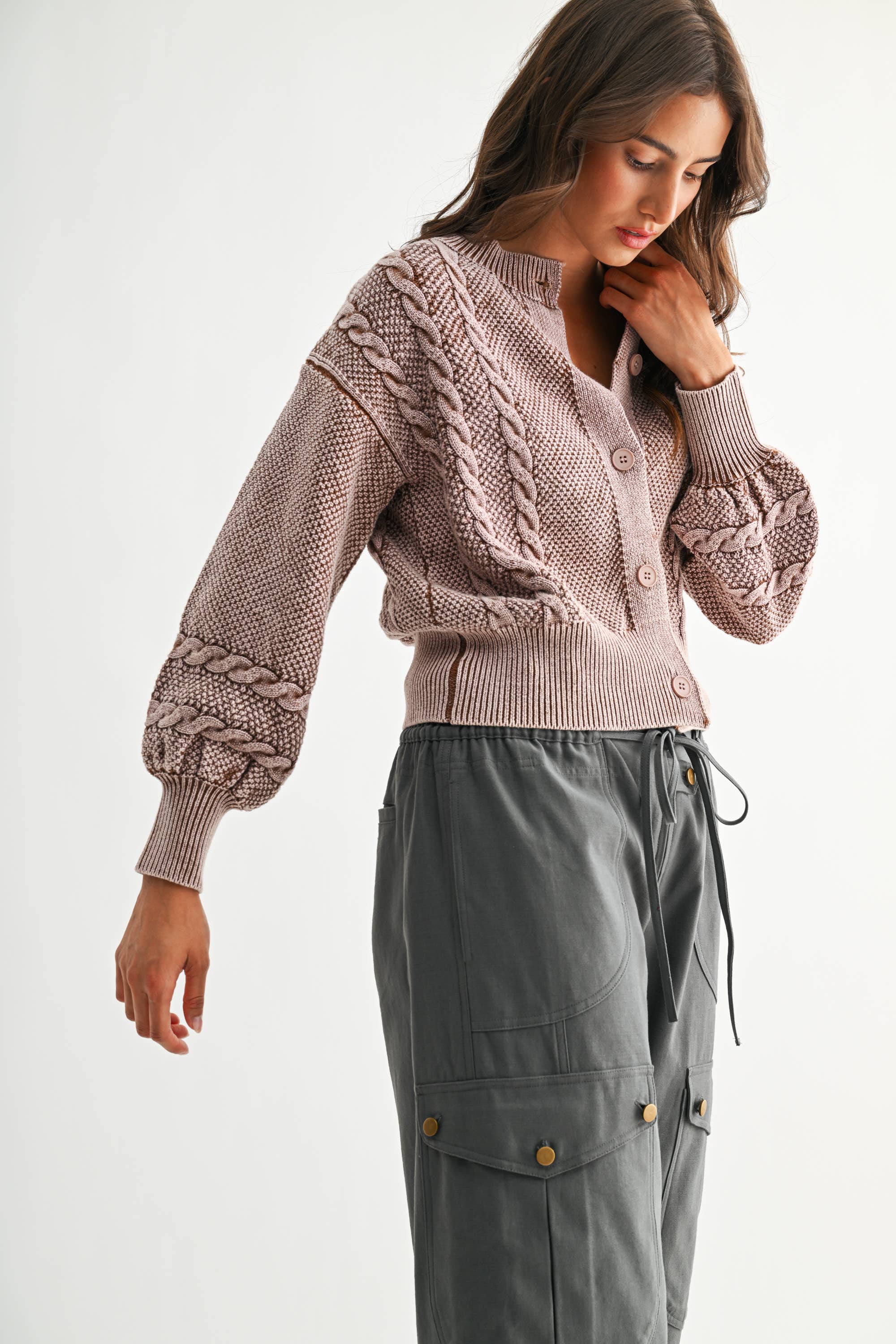 Camellia - Wholesale Cardigan - Women's - CW10019E WASHED BLENDED BROWN CABLE KNIT CARDIGAN40