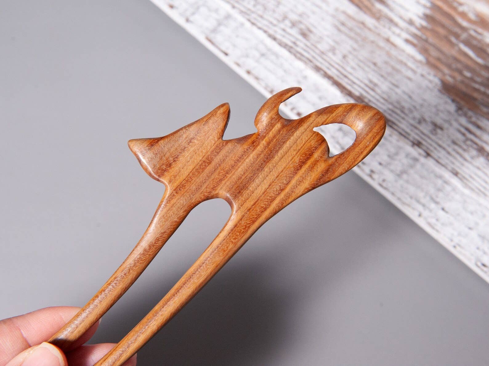 Long Cat Shape Two Pronged Wood Hair Fork for wholesale on Faire1