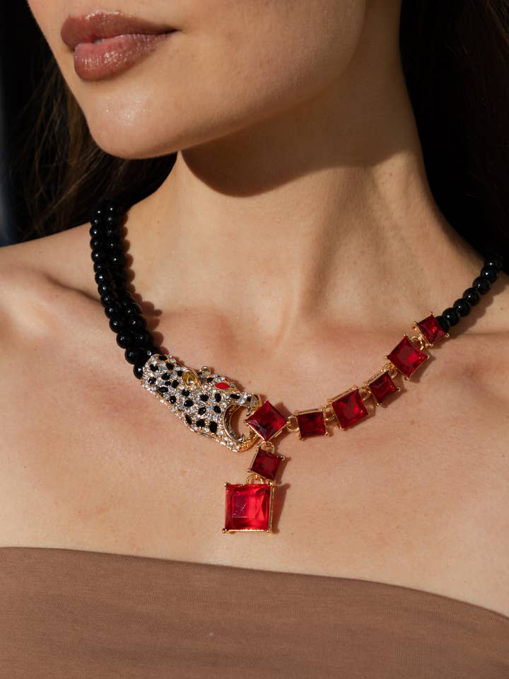 Red Leopard Brooch Statement Necklace for wholesale by Eye Candy Los Angeles