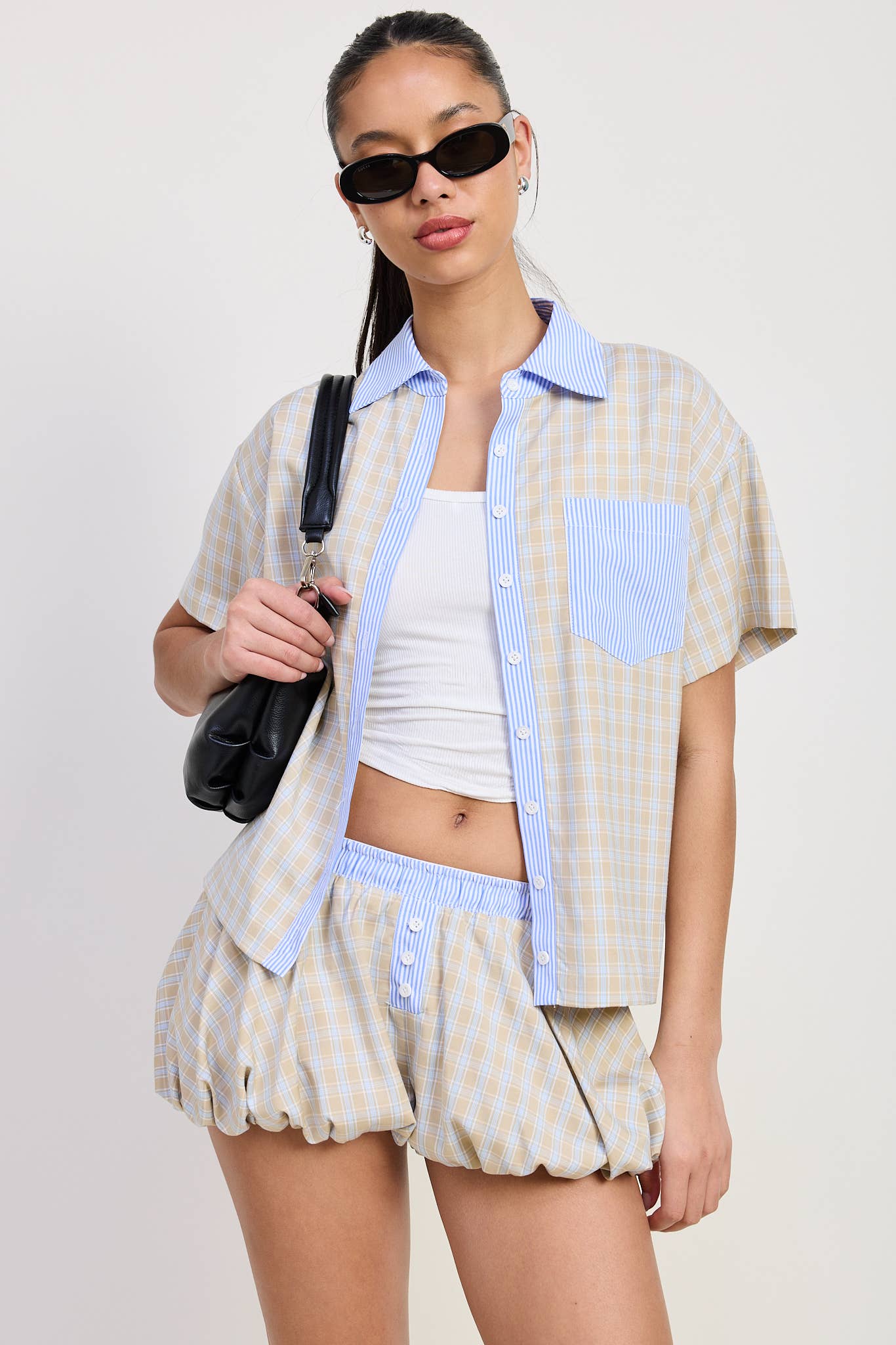 TAUPE COMBO BUBBLE SLEEVE PLAD SHORTS for wholesale on Faire2