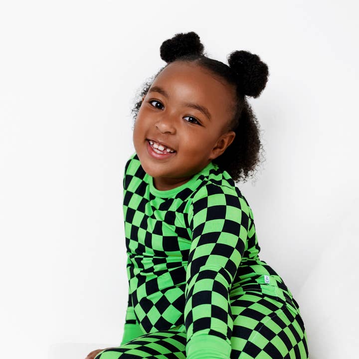 Green Checkers | Two-Piece Bamboo Long Sleeve Toddler & Kids Pajamas for wholesale by Little Popp Crew