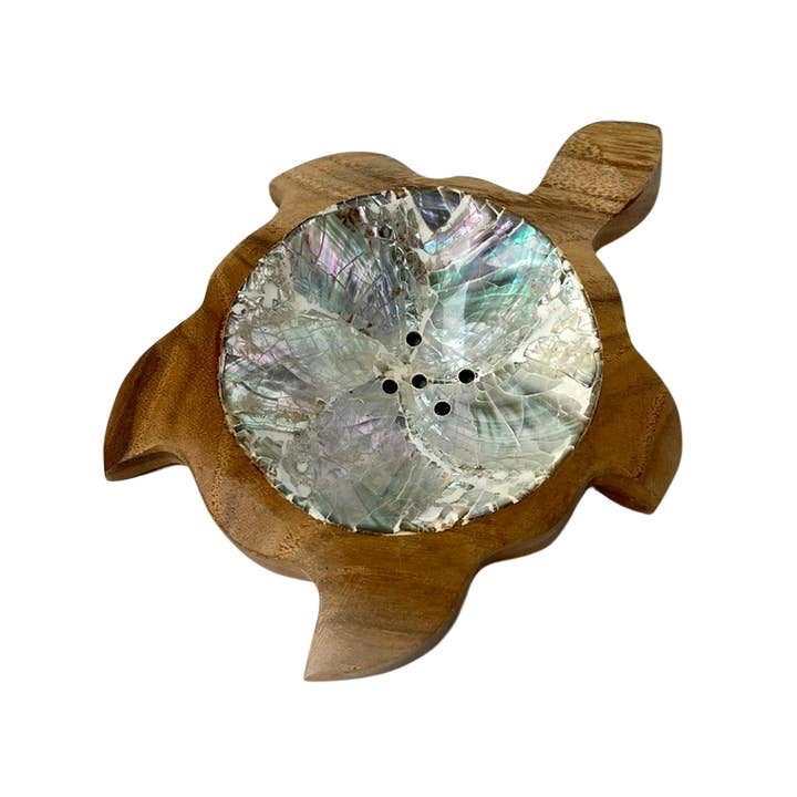 VIE - Wholesale Bath Soap Dish - Turtle Soap Dish, Teak Wood with Abalone Inlay, Approx. 12cm2
