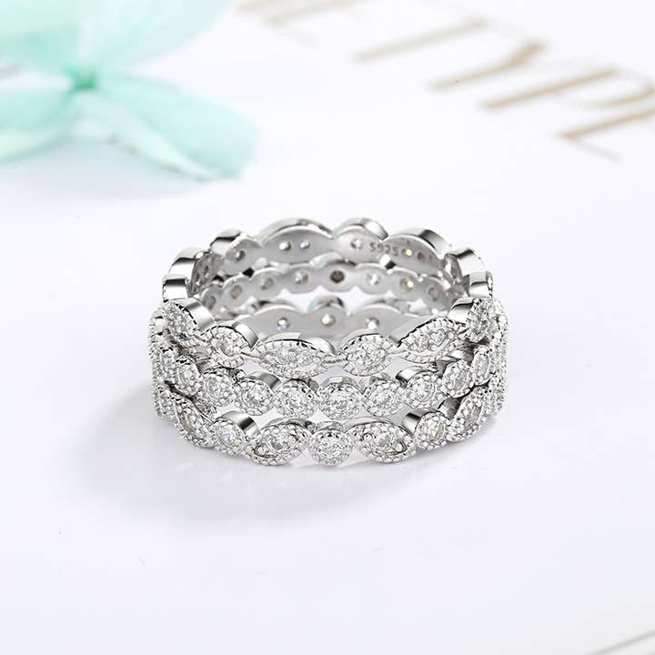 Amy and Annette - Wholesale Multi-Stone Ring - Sterling Silver French Milgrain Eternity Band Set with Swarovski