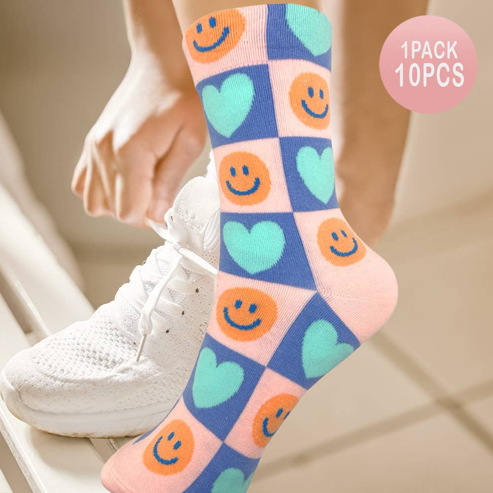 Sensibling Corp. - Wholesale Socks - Women's - 10Pairs - Smile Face Heart Pattern Printed Socks2