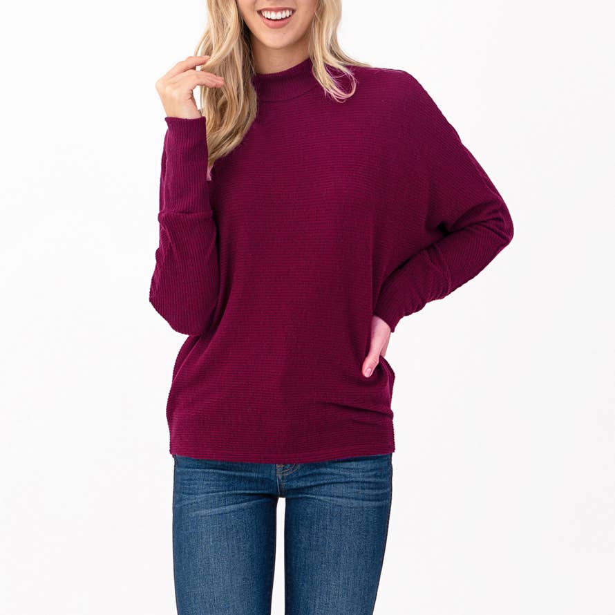 Heimious - Wholesale Knit Top - Women's - Mock Neck Long Dolman Sleeve Ribbed Knit Top, T2610