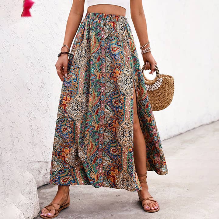 MULTICOLOR Famous style print slit A-line skirt for wholesale on Faire