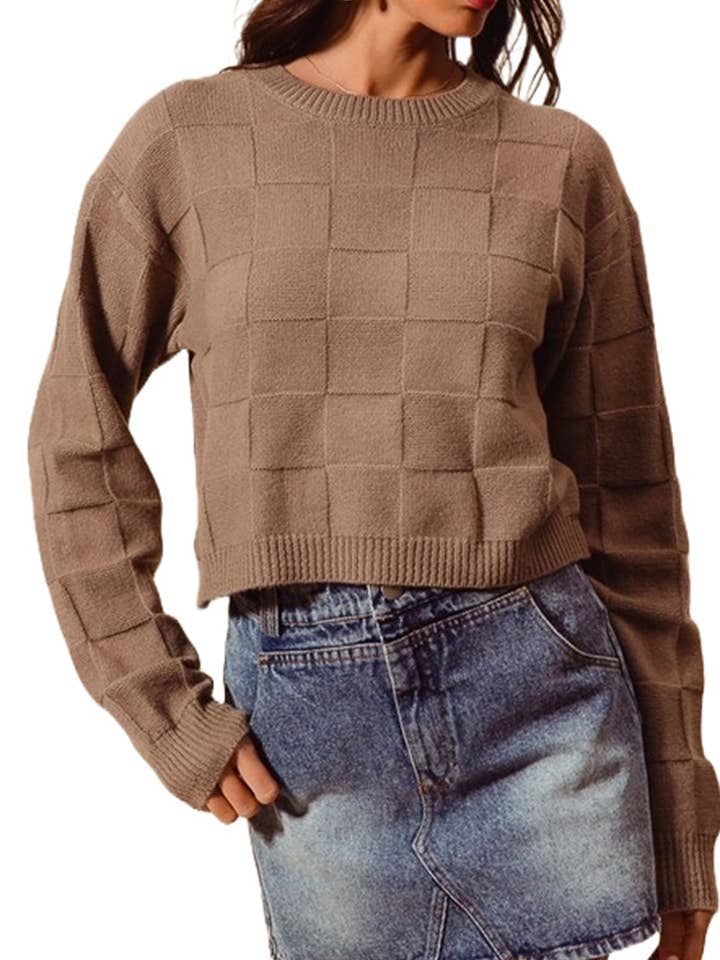 Pull à col rond en tricot à carreaux pour la vente par Vanilla Monkey