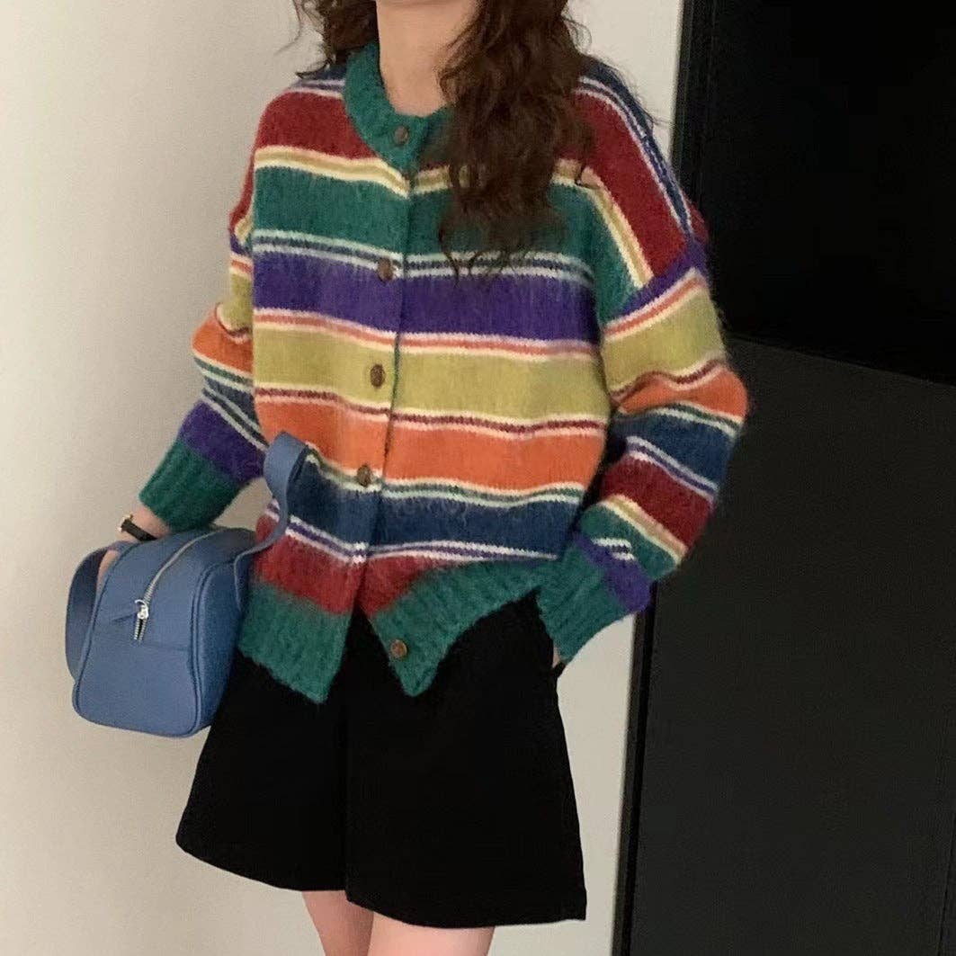 Marayn - Wholesale Cardigan - Women's - Retro Rainbow Stripe Knit Cardigan Cozy  Chic17