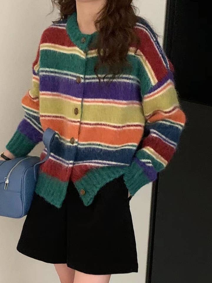 Marayn - Wholesale Cardigan - Women's - Retro Rainbow Stripe Knit Cardigan Cozy Chic17