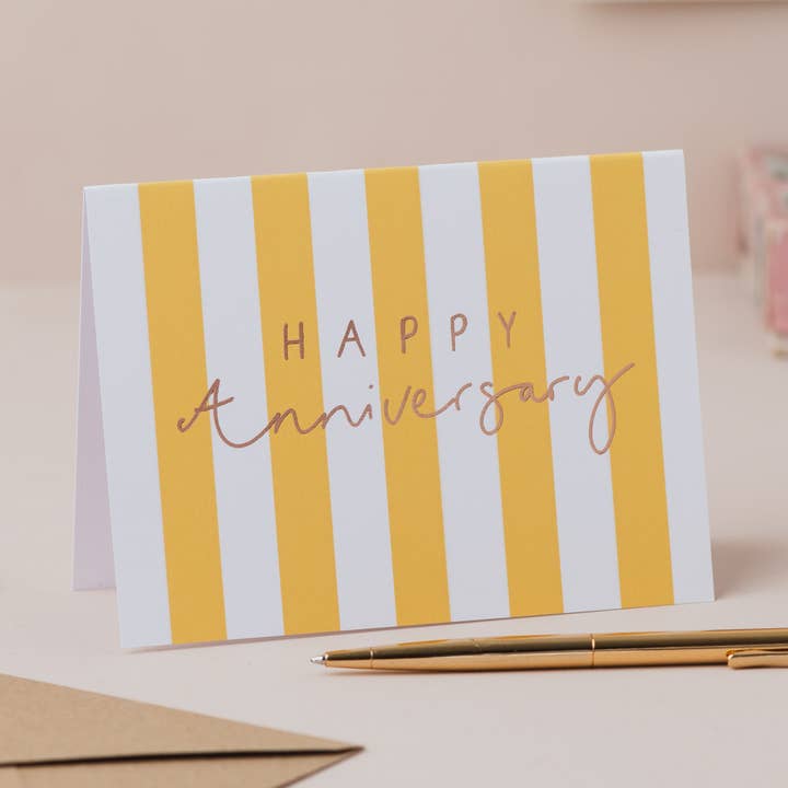 'Happy Anniversary' Yellow Stripe Hand Lettered Card for wholesale by Oh Squirrel
