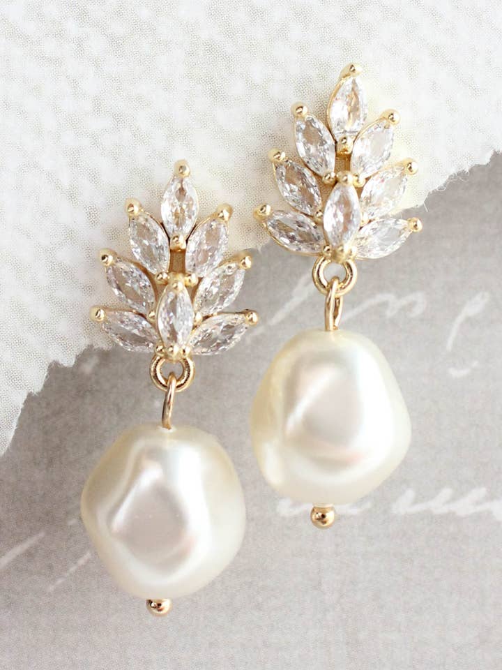 Glass Leaf Post Earrings | Baroque Pearl | Gold or Silver for wholesale by A Pocket of Posies